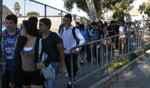 Students walk out of their second period class and head to The Grove during Thursday's fire drill. Photo by Jake Dobbs