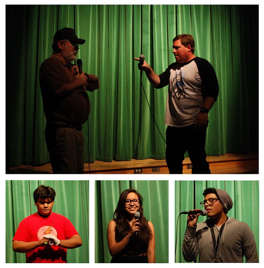 Photo by Jake Dobbs and Hailey Pohevitz
 Science teachers Stephen Schaffter (top left) and Jim Morrison (top right) perform their own take on the classic Abbott and Costello’s “Who’s on first?” Much of the audience had fun figuring out the witty plot of the skit: “Who’s on first, what is on second, I don’t know is on third.” Sophomore Cedric Eusantos shows his skills with stunning yo-yo tricks. With two performances, a soulful acapella and rhythmic pop rock, sophomore Sandra Aguilar kept it contemporary and far from disappointing. Senior Ean Argueta put groove into the show with his rendition of Sublime’s “Doin’ Time.”
