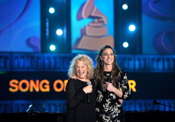 Carole King (left) and Sara Bareilles (right) embrace after a performance of two unique voices. Photo by www.grammy.com.
