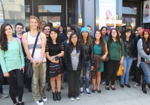 Students from Daniel Pearl Magnet High School line up in front of the Saban Theatre in Beverly Hills after watching the Gay Men's Chorus of Los Angeles perform for their It Gets Better Tour.