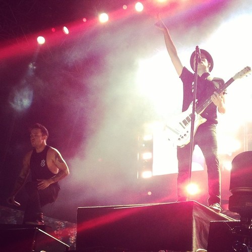 Fall Out Boy performs during their Momentour concert tour, pleasing and wowing audiences across the country. Pictured are Pete Wentz and Patrick Stump (on guitar). Photo from Fall Out Boy website.