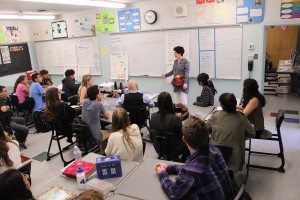 ABC 7 reporter Adrienne Alpert answers questions from students when she came to DPMHS to do a story on the journalism program. Photo by Jake Dobbs.