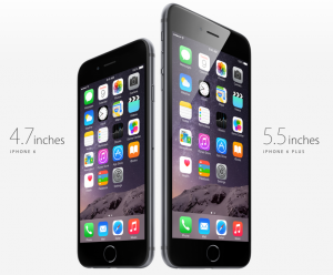 A size comparison between the new iPhone 6 and its larger companion, the iPhone 6 Plus. Photo from Apple.
