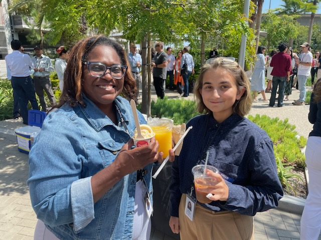 Los Angeles Times Fast Desk Deputy Editor Dawn Burkes and Pearl Post Editor-in-Chief Satenik Ayrapetyan enjoy cold refreshments and ice cream during a Los Angeles Times ice cream social. Burkes was Ayrapetyan's mentor for the Los Angeles Times High School Insider Internship program during the 2024 summer.