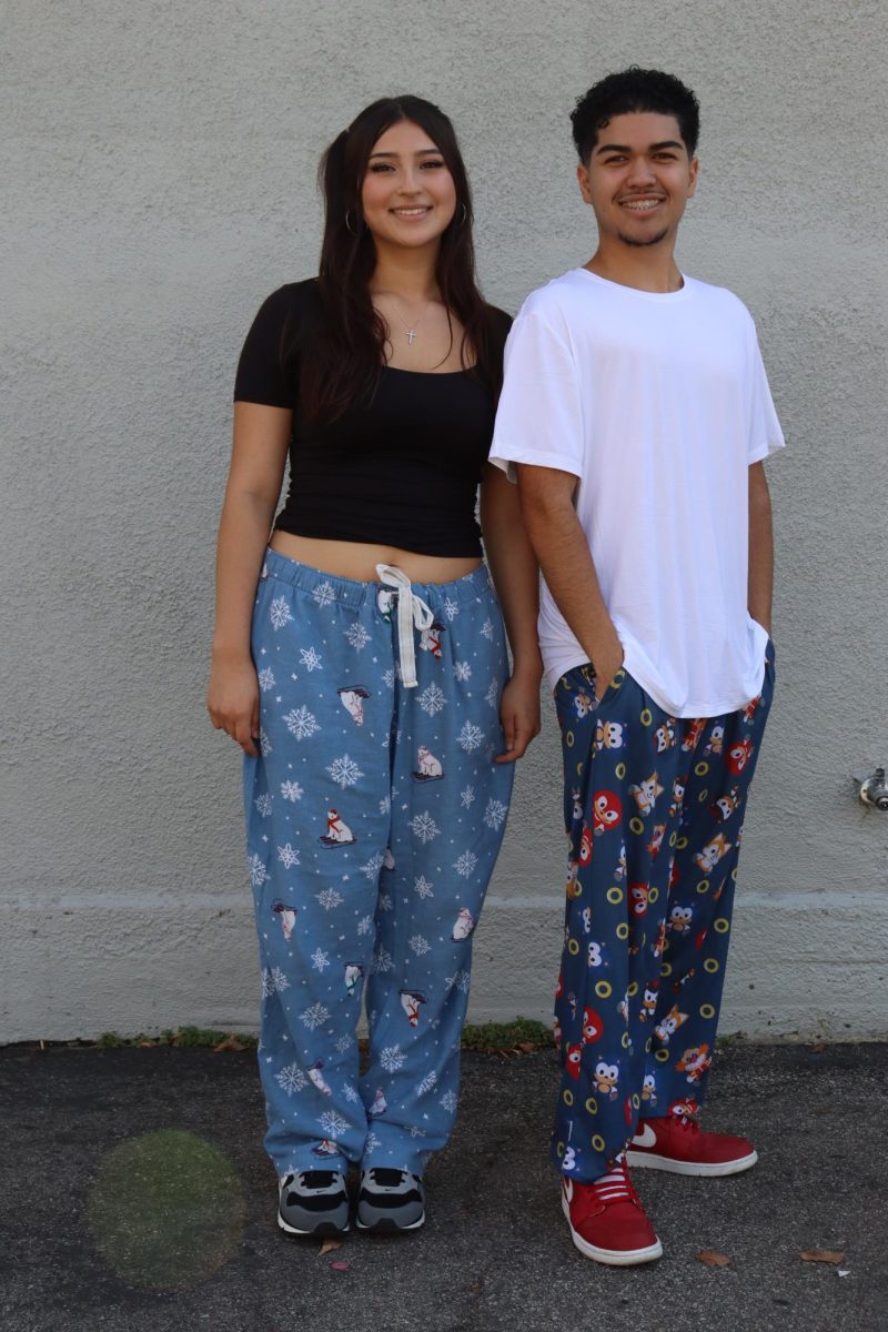 Seniors Jacklyne Gomez and Aiden Pratt wear their pajamas on Pajama Day for Spirit Week on Oct. 8. 