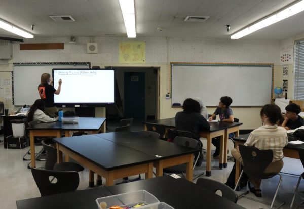 Science teacher Timothy Hughes teaches period 1 physics class on Aug. 28.  Due to low enrollment, Hughes' period 1 physics class has eight students. 