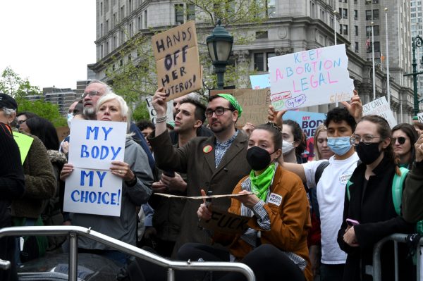 Pro-choice activists protest the overruling of Roe v. Wade, which was decided by a 5-4 vote by the Supreme Court, at Foley Square during a New York abortion rally on May 3, 2022. 