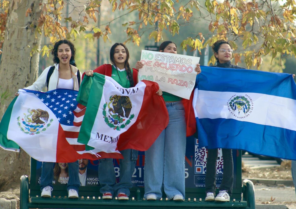 Senior Vanessa Morales, junior Guadalupe Martinez, senior Angelique Mendoza and senior Allison Gonzalez hold up flags at a walkout protest on Feb. 10. Students from Daniel Pearl Magnet High School, Reseda Charter High School, Magnolia Science Academy,   Birmingham Community Charter High School and Lancaster High School walked out from their campuses that morning to protest recent immigration policies by Donald Trump.
“It felt very empowering because we all got together as a community to support our people.” Gonzalez said.