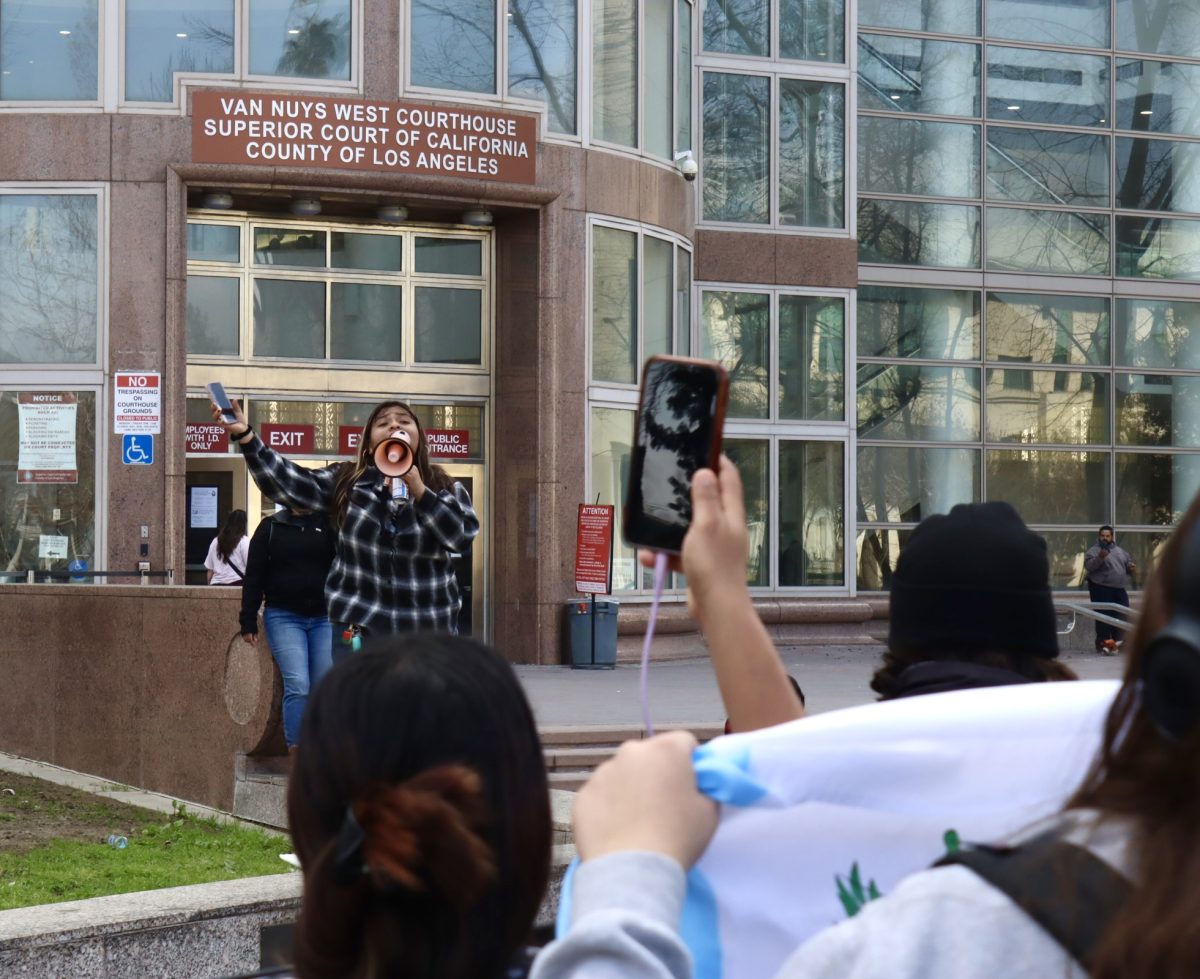 Students hold speeches in protest of anti-immigration policies in front of the Van Nuys West Courthouse on Feb. 10.