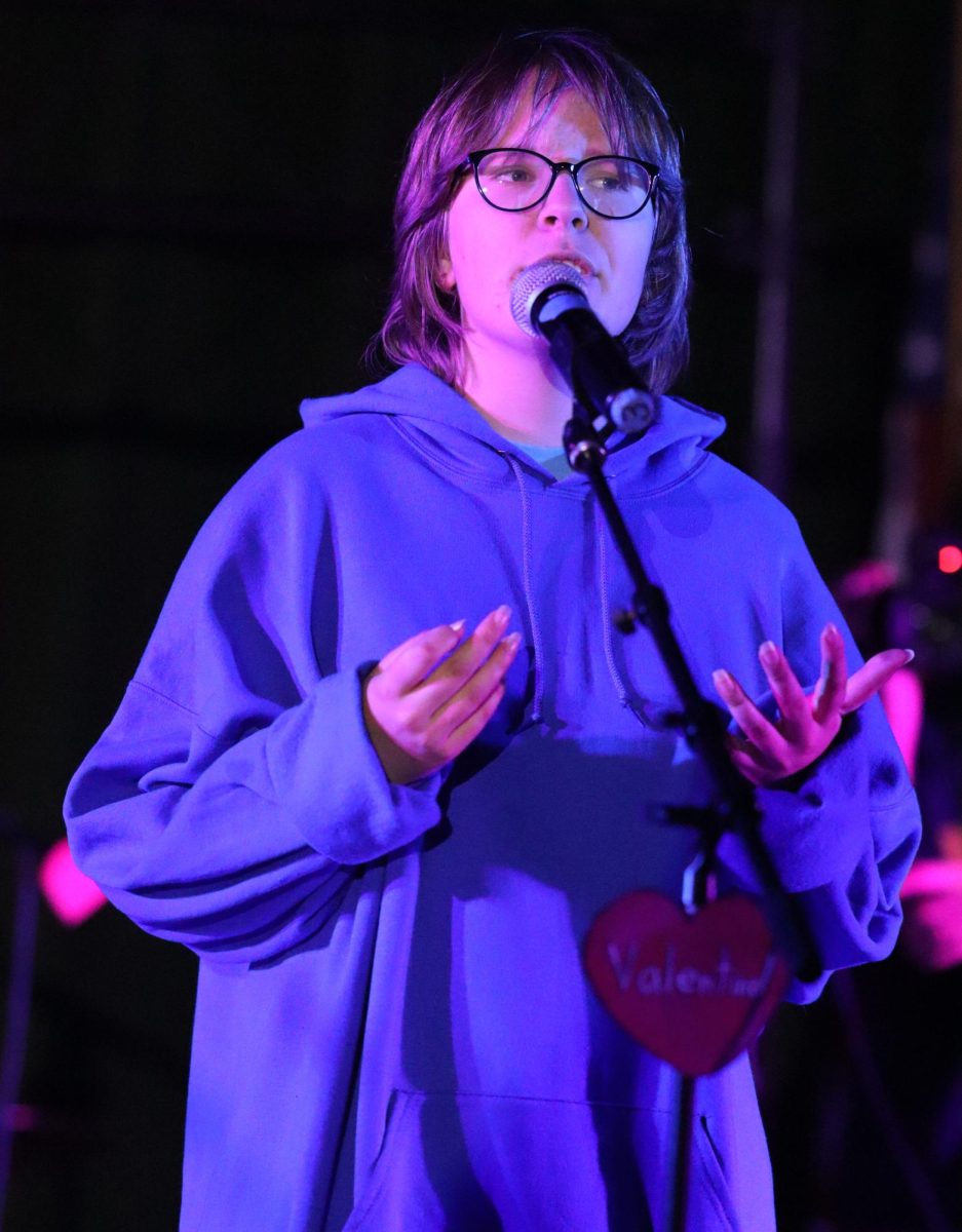 Sophomore Daryna Hriaznova practices reciting her poem, Untitled (yet!), for the Valentine's Day concert on Feb. 12. Members of the Pearl Poetry Club who were performing were able to rehearse their poems in preparation for the concert on Feb. 13.  