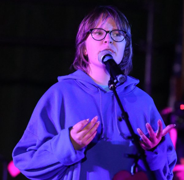 Sophomore Daryna Hriaznova practices reciting her poem, Untitled (yet!), for the Valentine's Day concert on Feb. 12. Members of the Pearl Poetry Club who were performing were able to rehearse their poems in preparation for the concert on Feb. 13.  